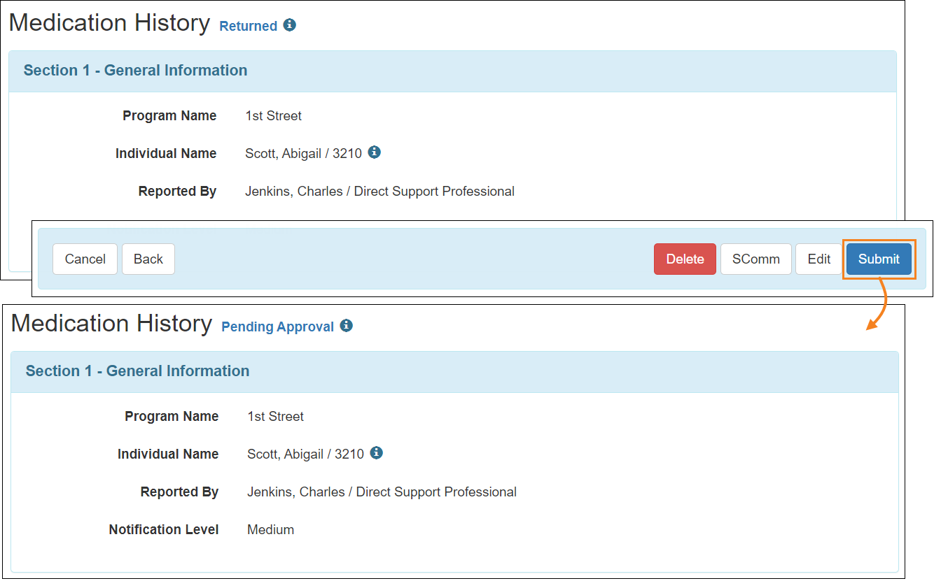 Screenshot showing the return to pending approval workflow.