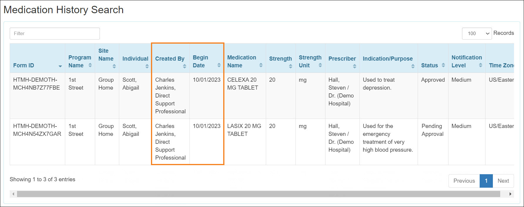 Screenshot showing the MH search results page.