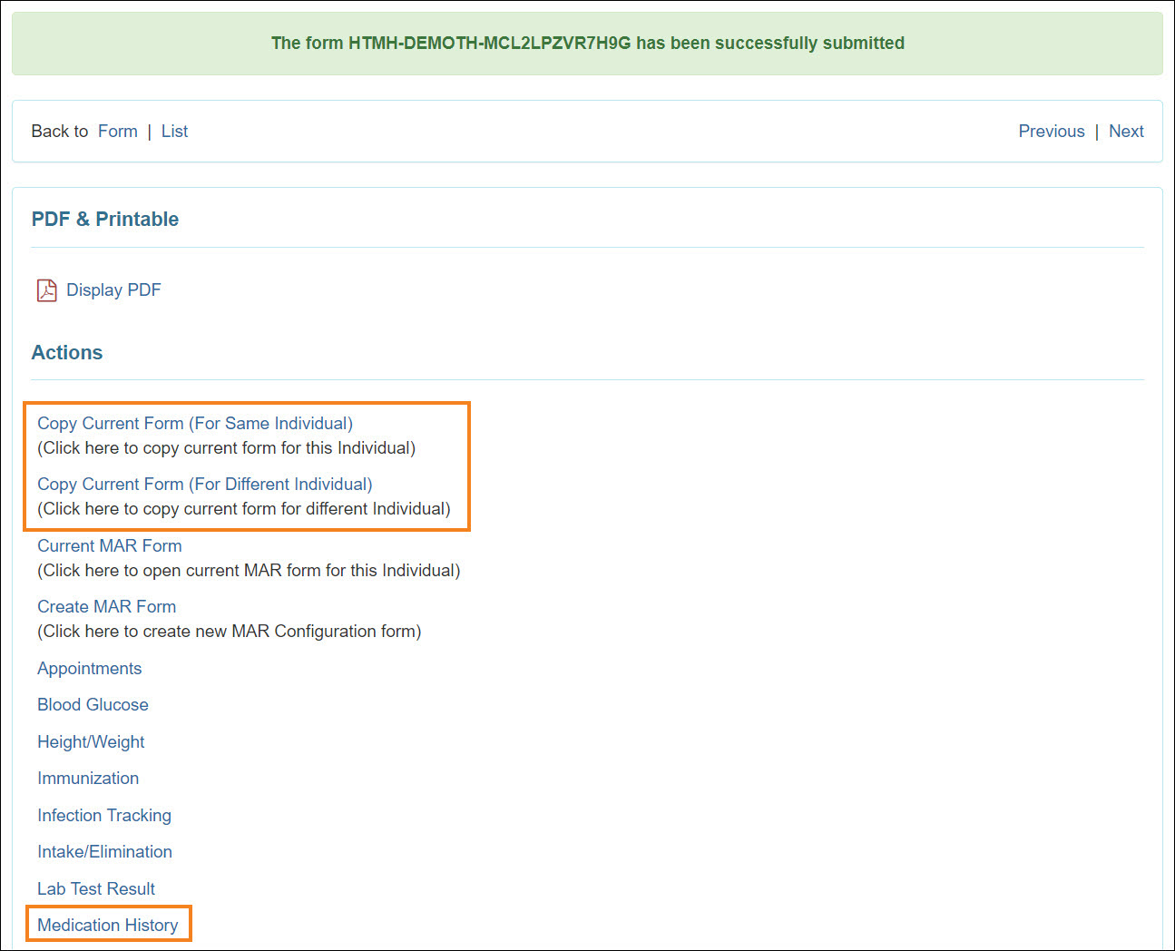 Screenshot showing the copy current form in success message page.