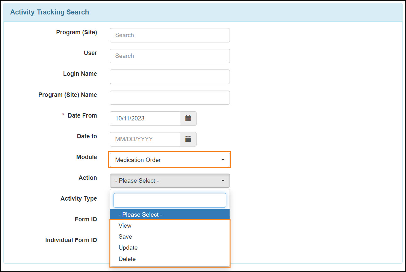 Screenshot showing Medication Order Activity Tracking search page.