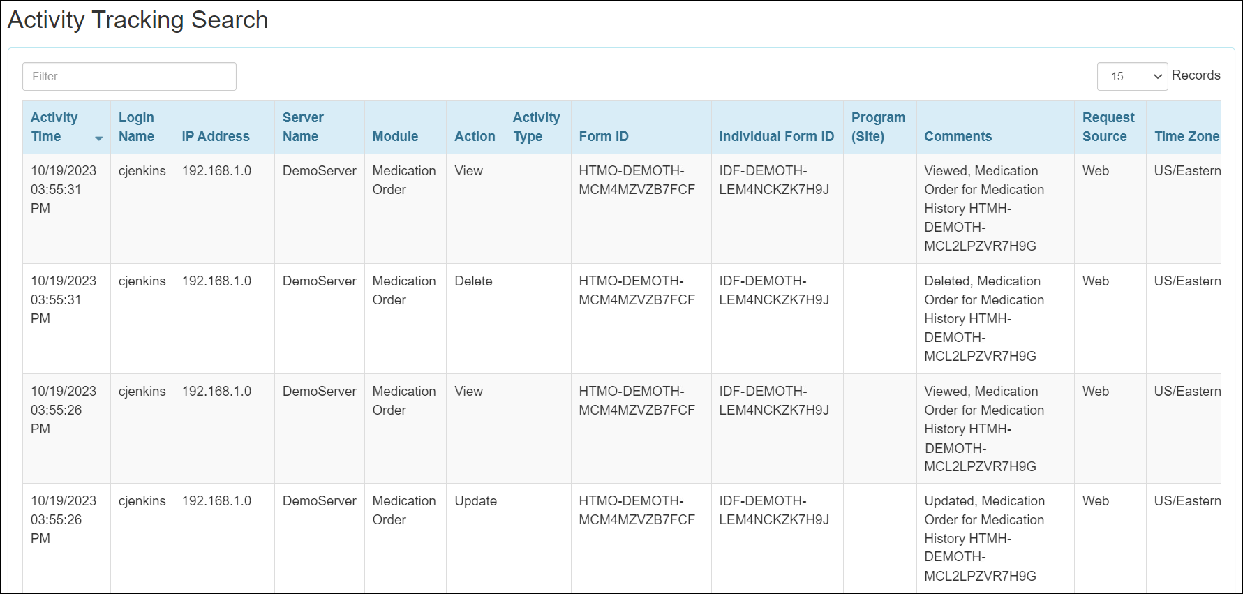 Screenshot showing the Medication Order Activity Tracking search results.