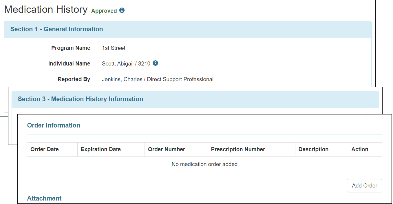 Screenshot showing the Medication Order add button on MH form.