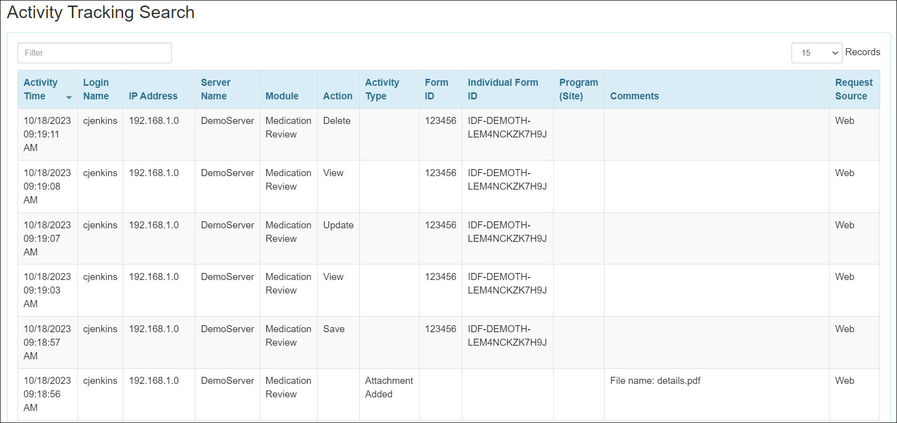 Screenshot showing the medication review actions in activity tracking search results.