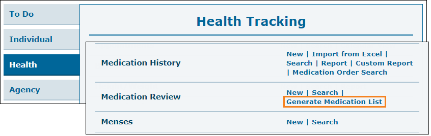 Screenshot showing the Medication review option in dashboard.