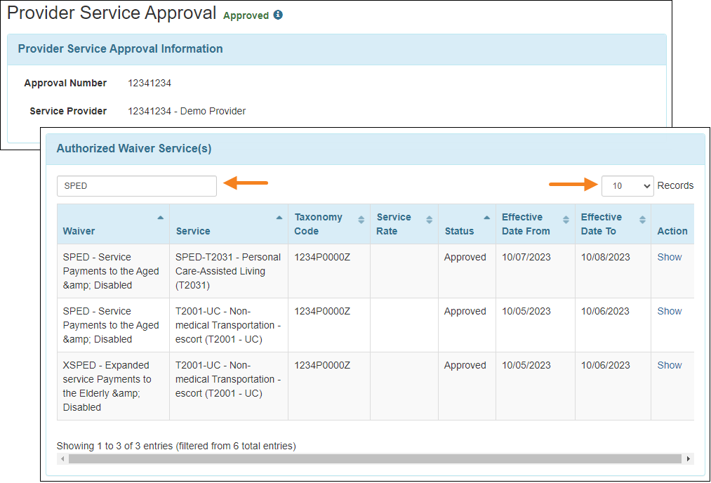 Screenshot showing the filter and pagination of Authorized Waiver Services section of Provider Service Approval form.