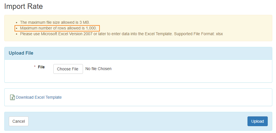 Screenshot showing the Excel upload option for the service rate.