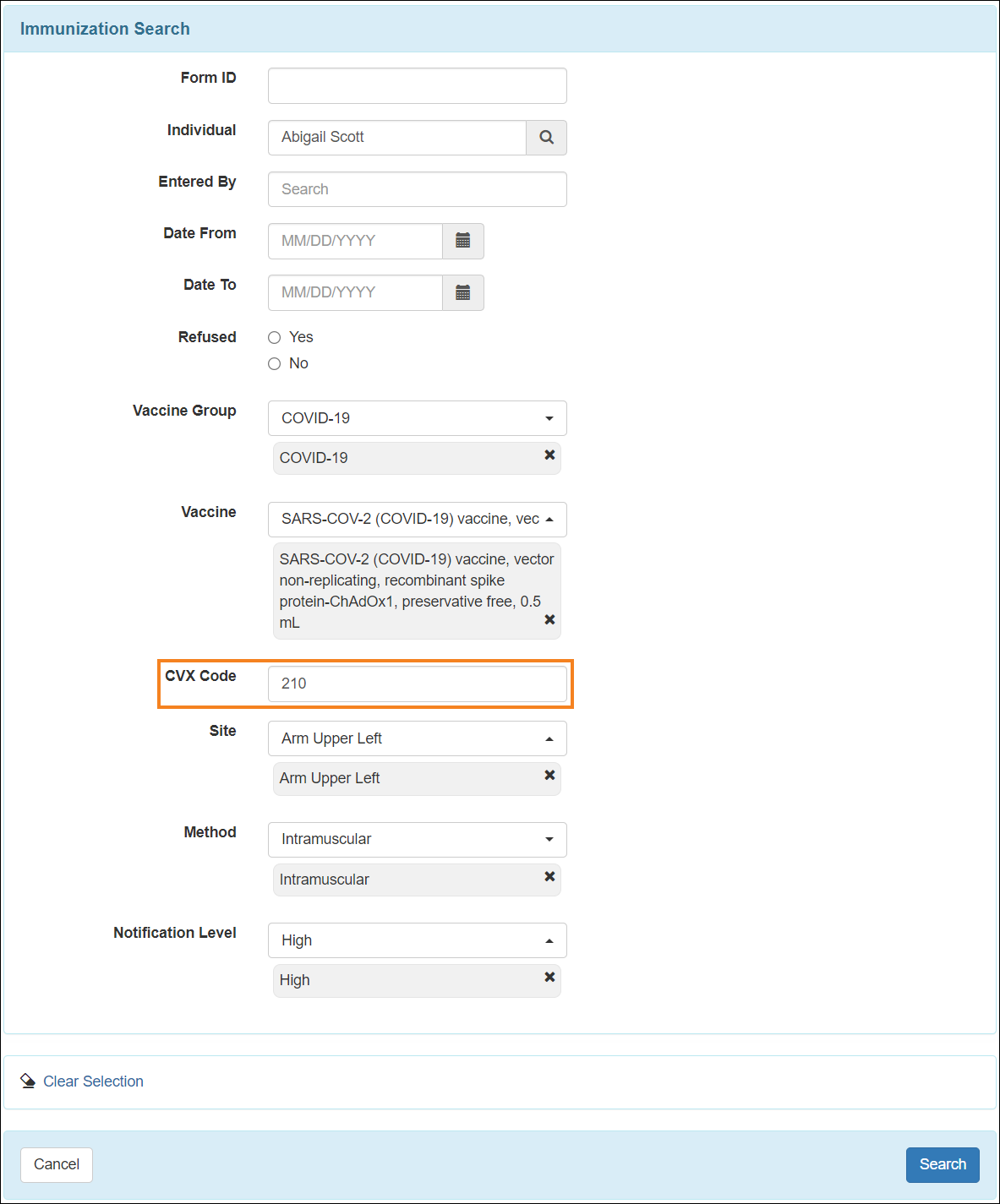 Screenshot showing the CVX Code field on the Immunization Search page.