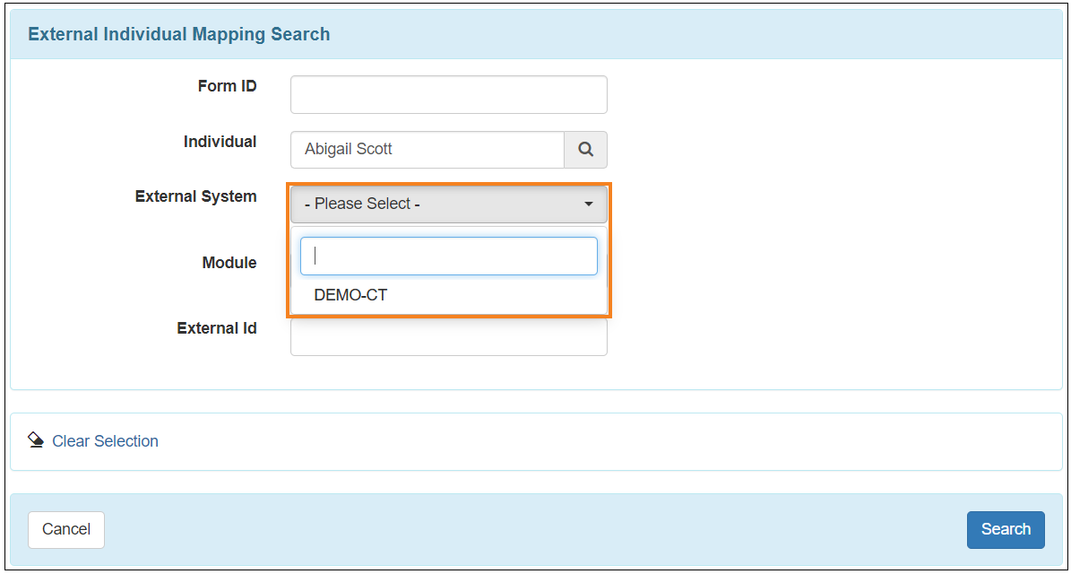 Screenshot showing the Search page of the External Individual Mapping.