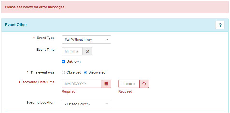 Screenshot showing the Event Information page for Event Type Other.