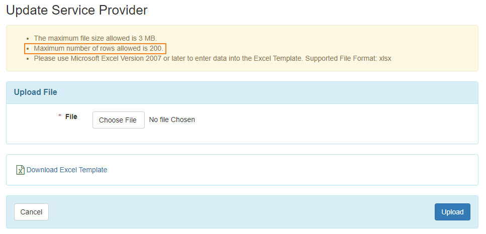 Screenshot showing the Excel upload option for the service rate.