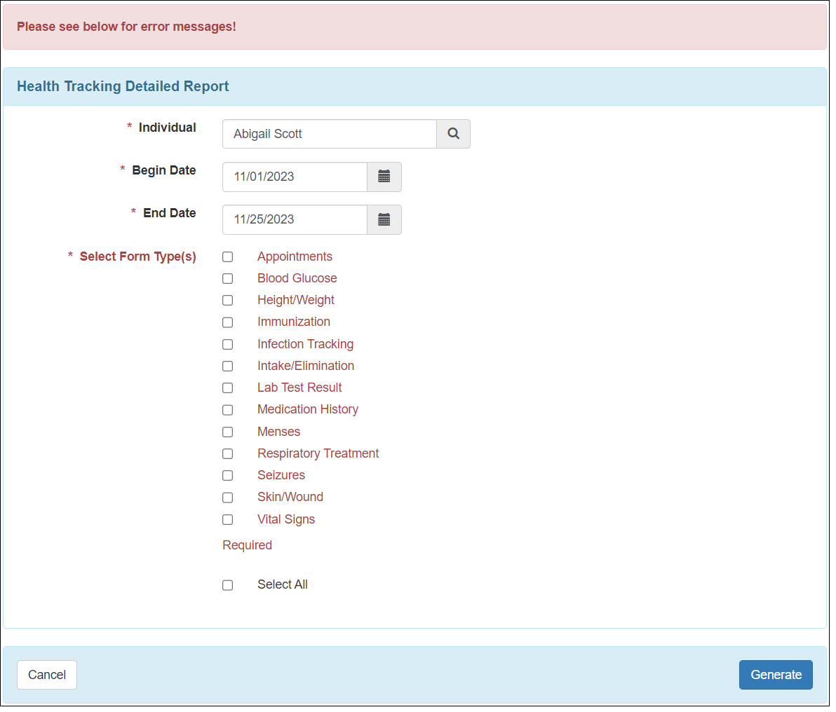 Screenshot showing the Health Tracking Detailed Report page.