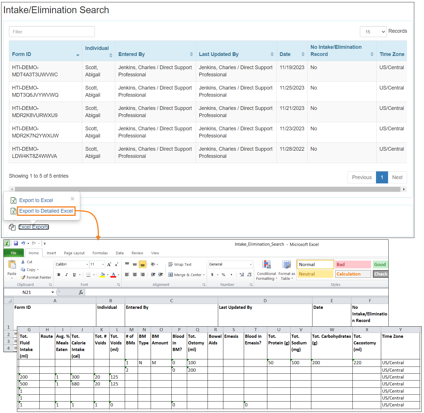 Screenshot showing the I/E exported excel.