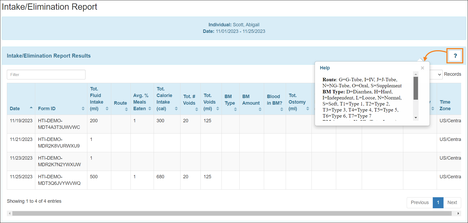 Screenshot showing the help icon on the report results page.