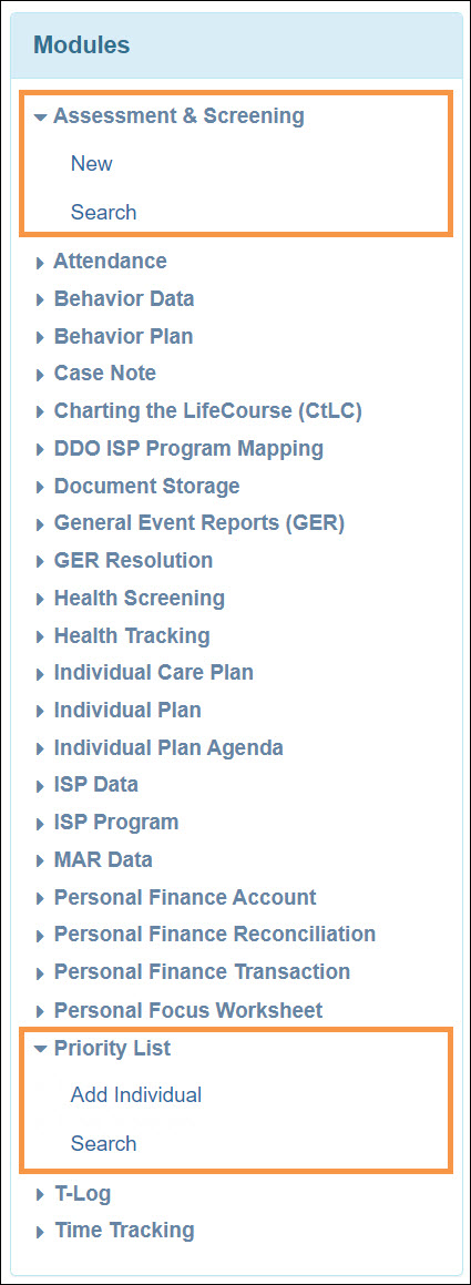 Screenshot showing the Individul Home Page 'Modules' section.