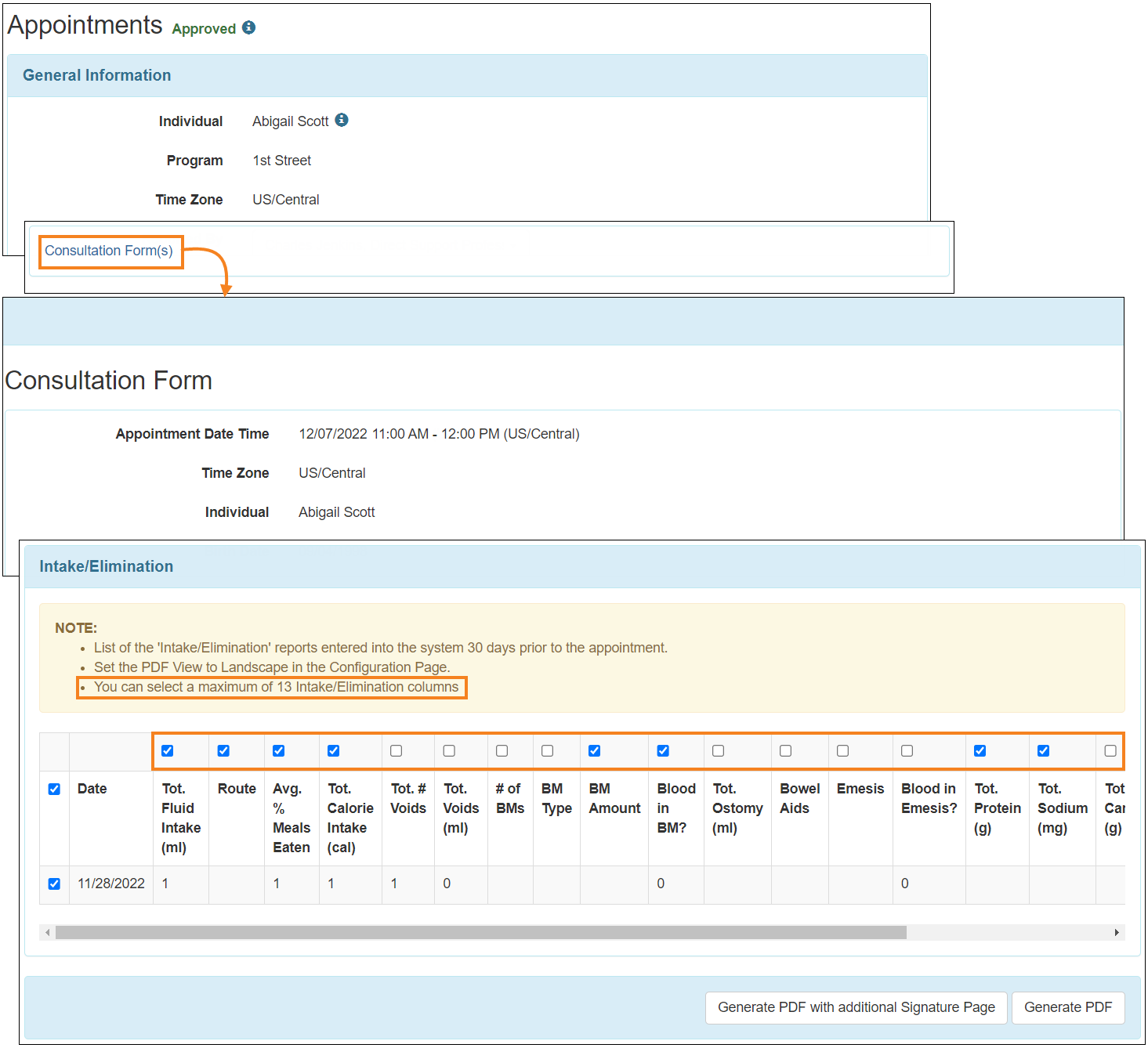 Screenshot showing the I/E columns in the Consultation form.