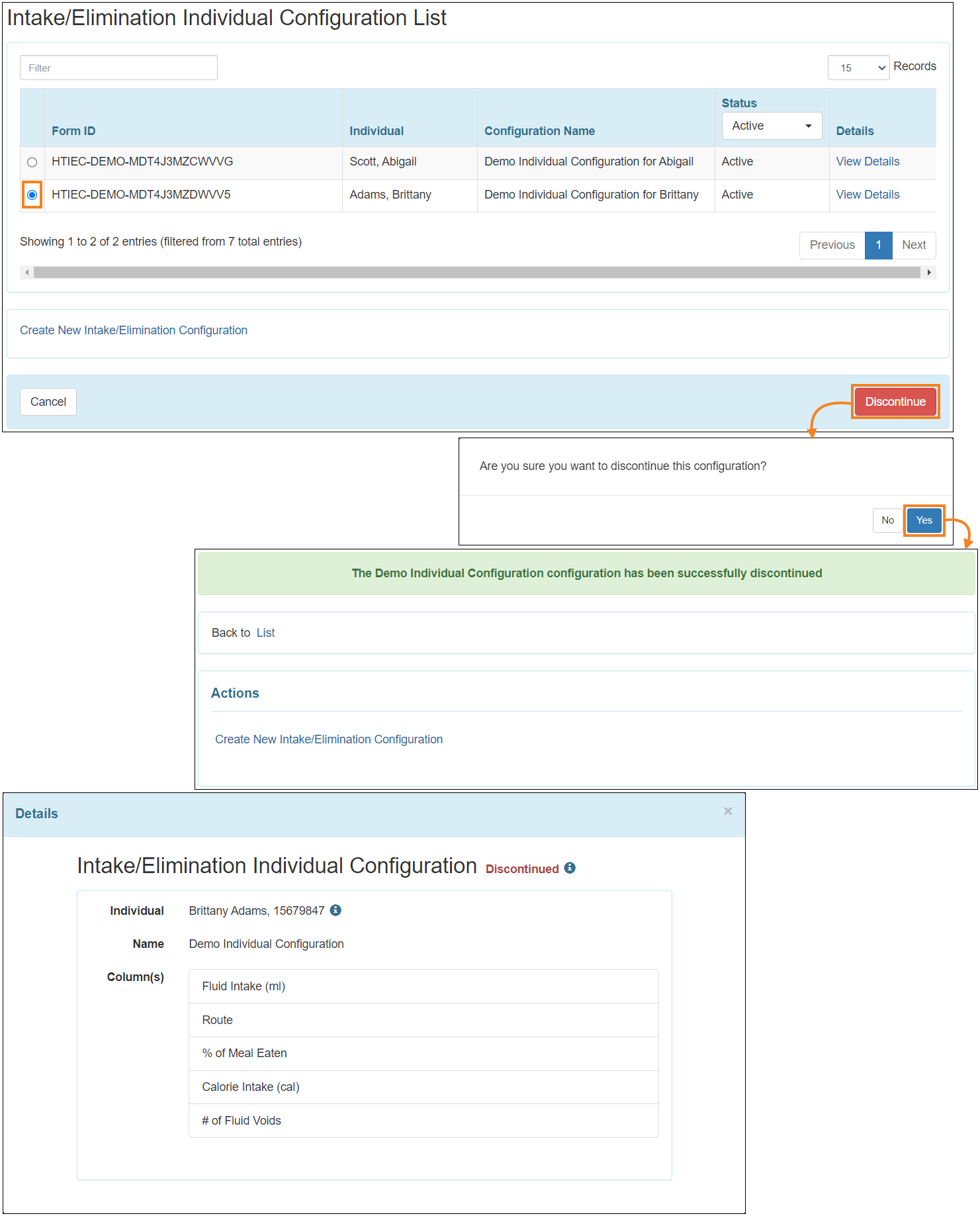 Screenshot showing the active I/E individual configuration discontinue button.