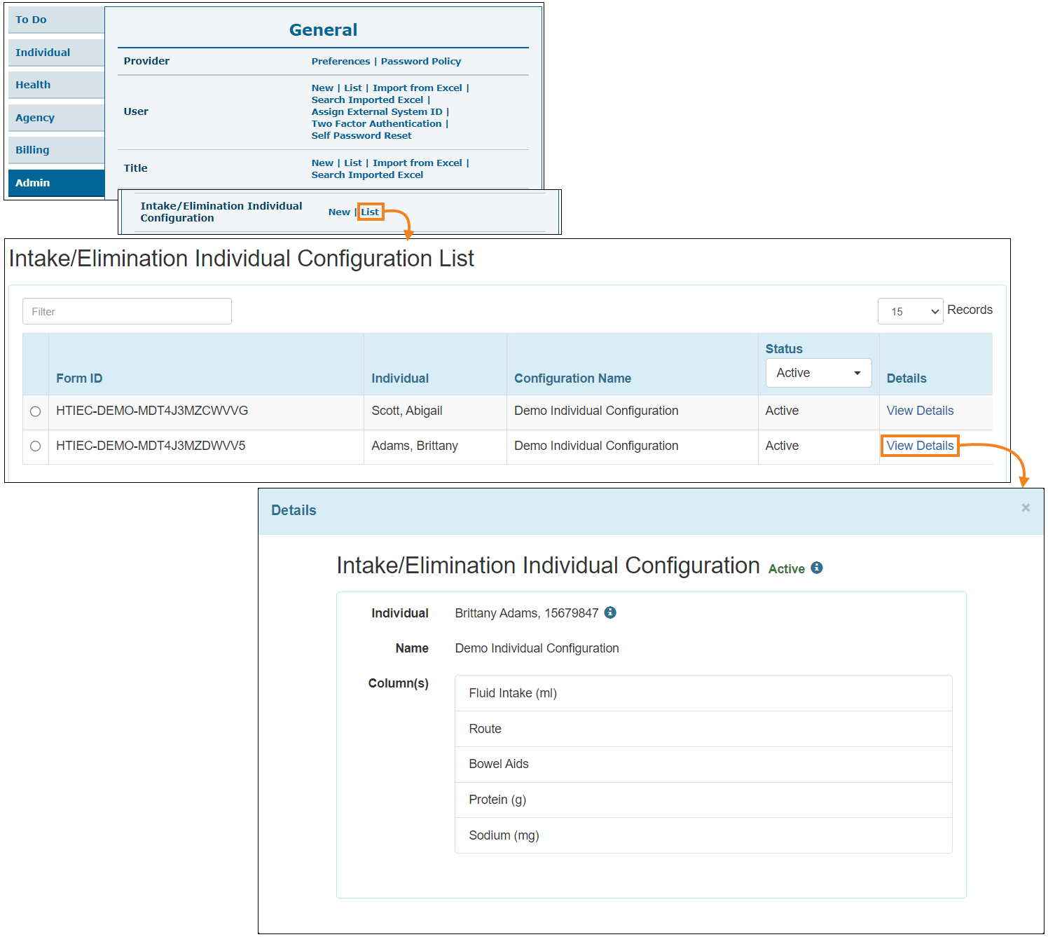 Screenshot showing the I/E individual configuration List link.