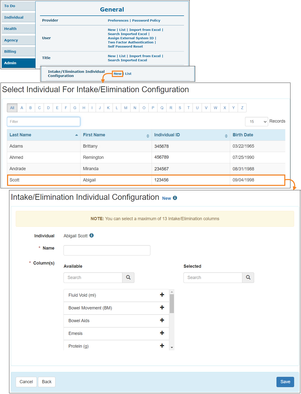 Screenshot showing the I/E individual configuration New link.