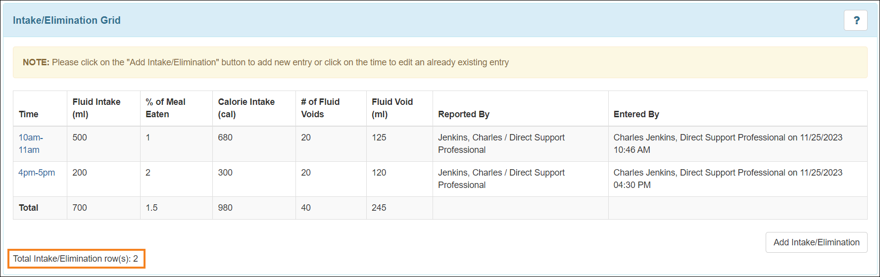 Screenshot showing the total I/E row count.