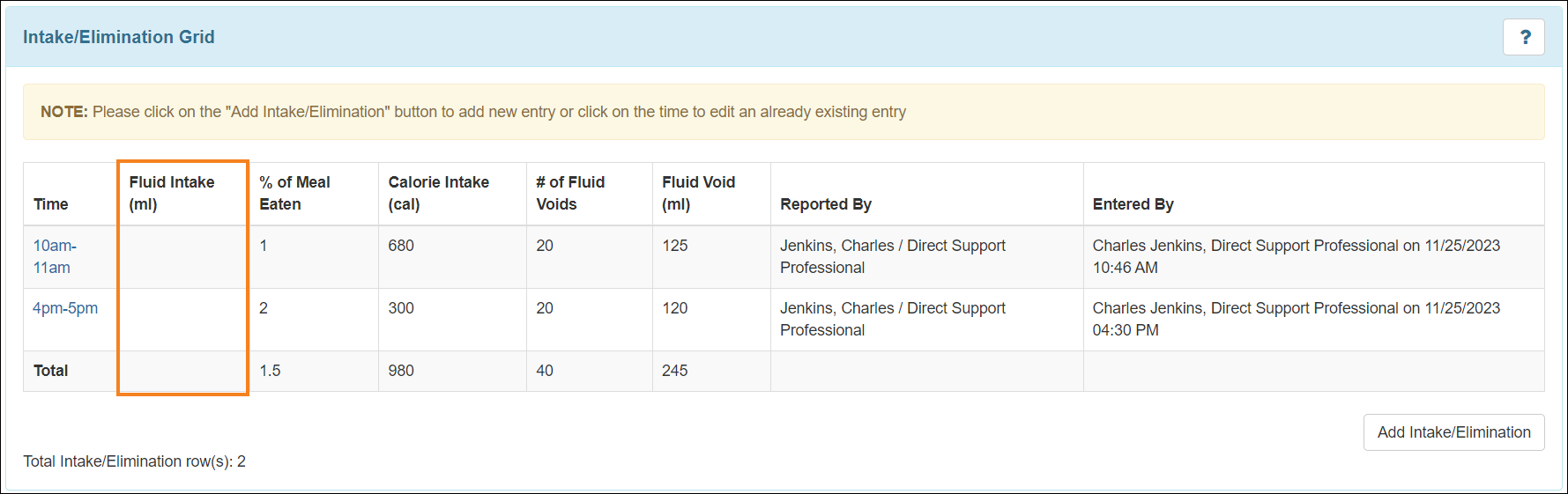 Screenshot showing the I/E Total row.