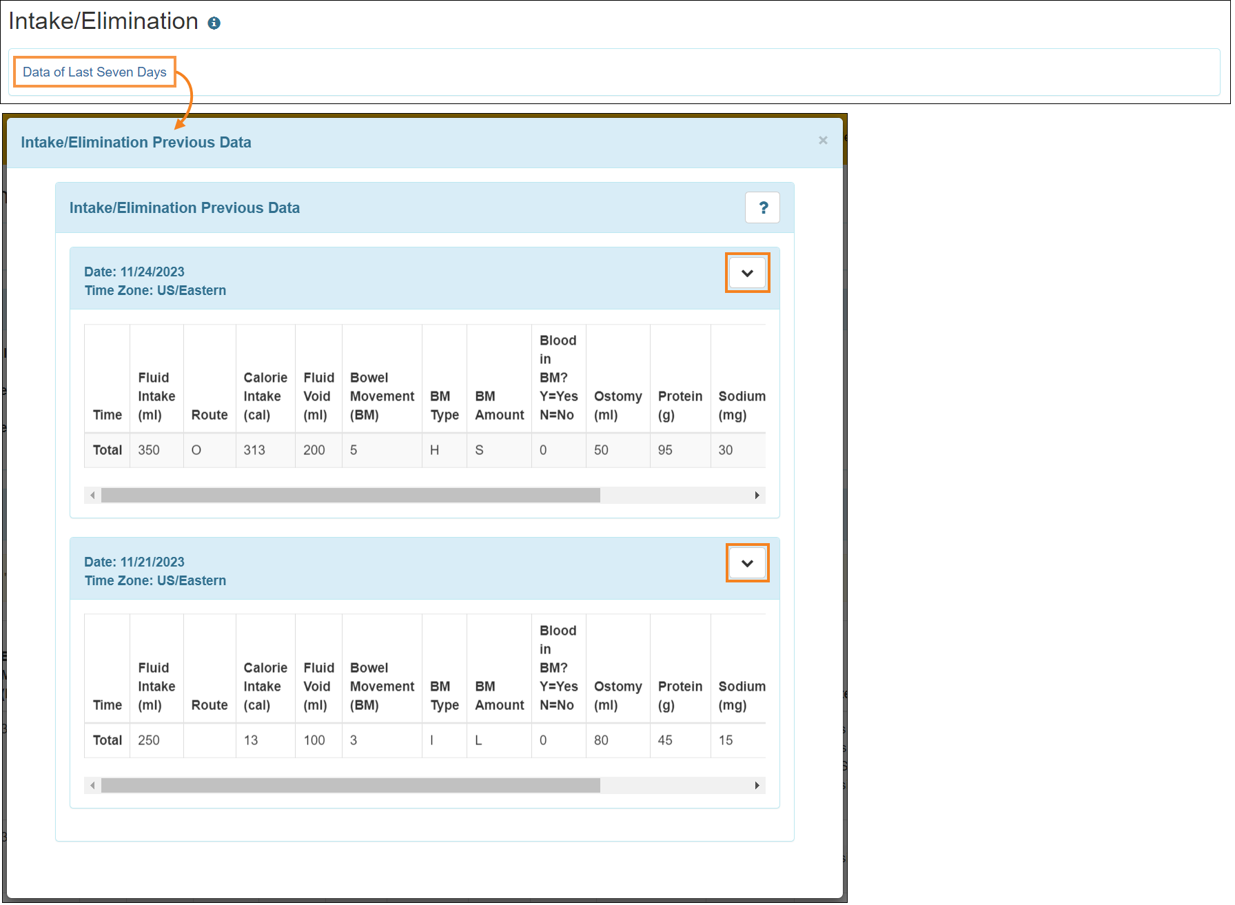 Screenshot showing the previous data.