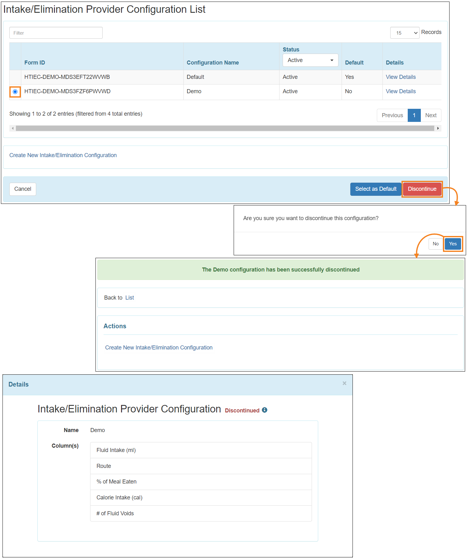 Screenshot showing the active I/E provider configuration discontinue button.