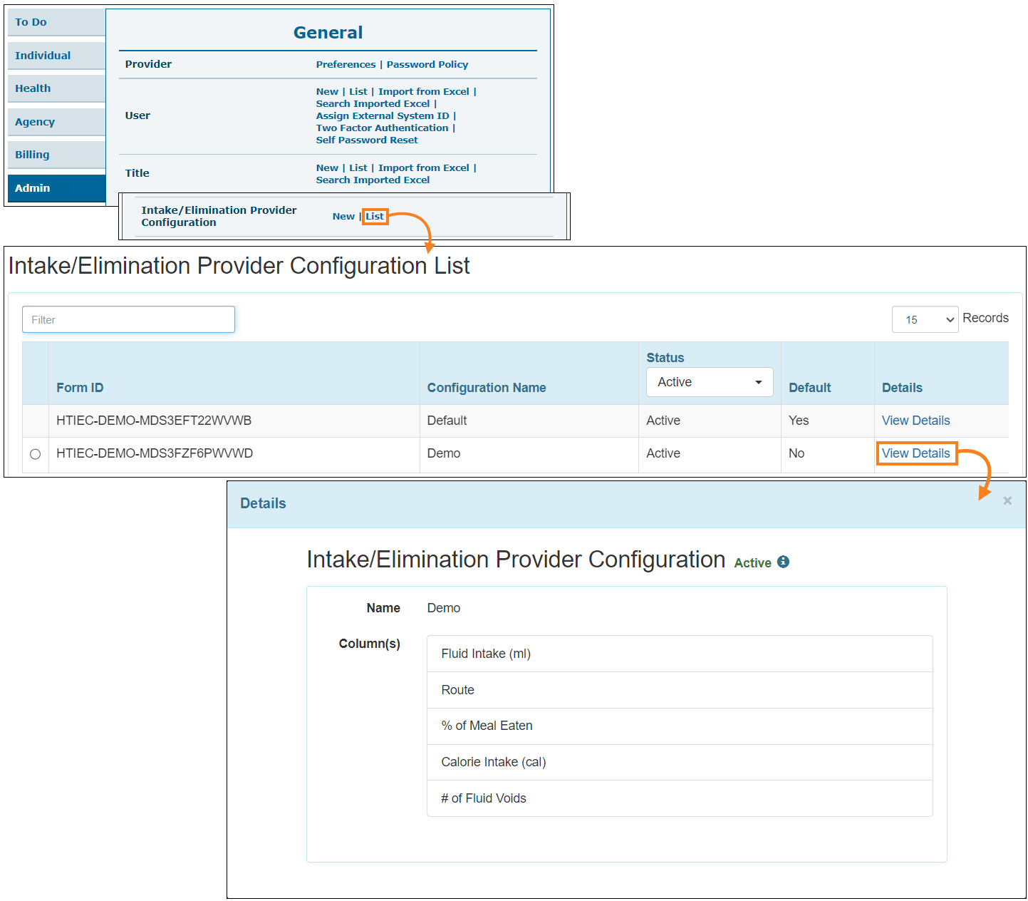 Screenshot showing the I/E provider configuration List link.