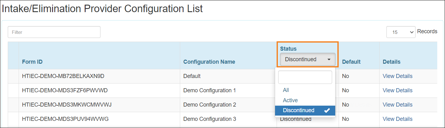 Screenshot showing the I/E provider configuration List Status dropdown.