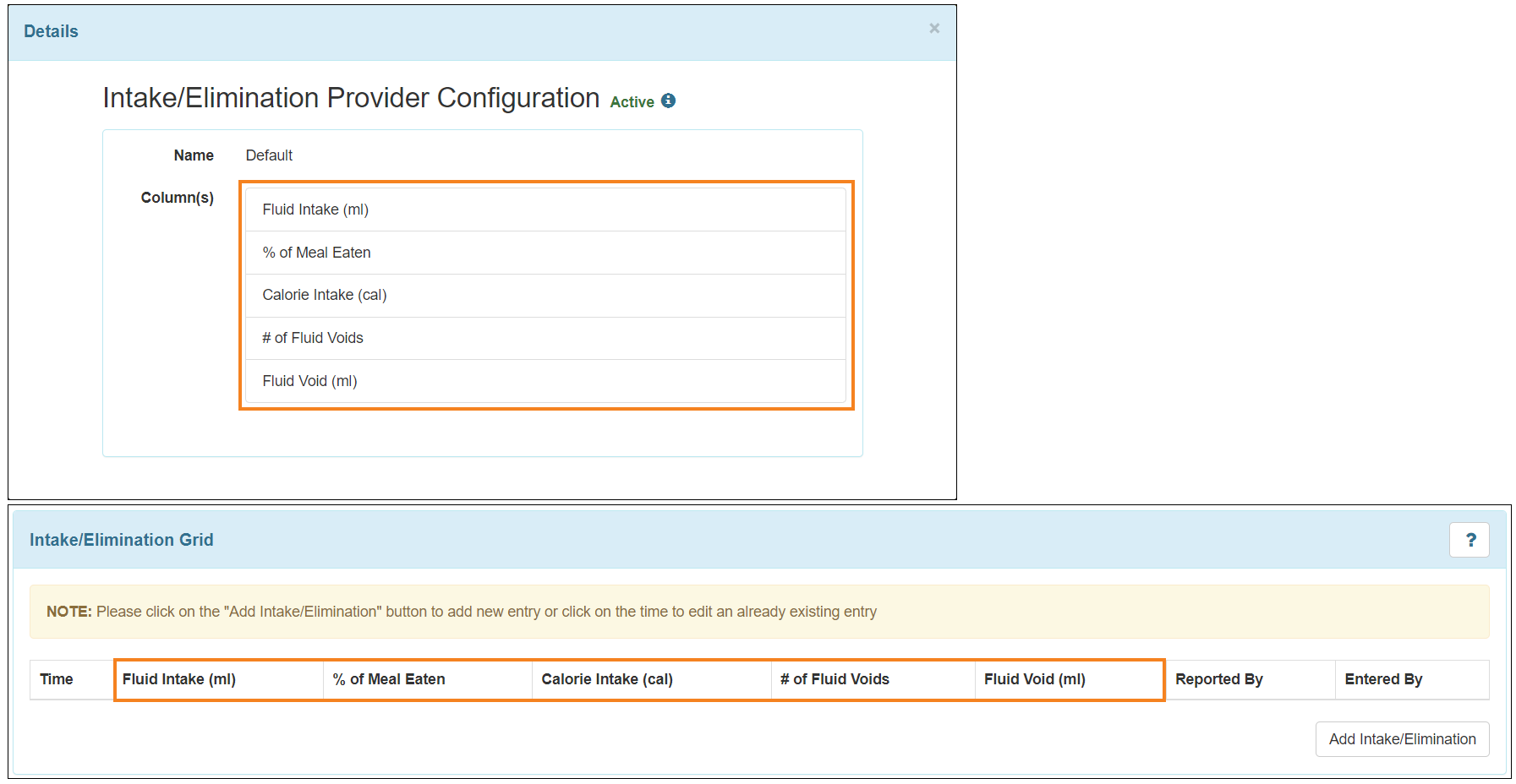 Screenshot showing the selected columns from the I/E configuration.