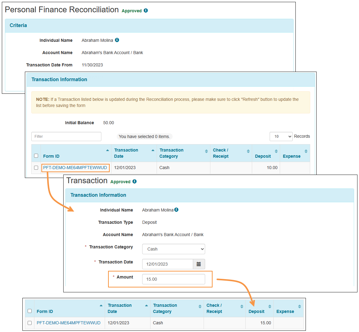 Screenshot showing the updated Transaction