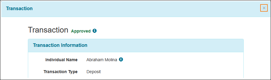 Screenshot showing the Transaction pop-up.