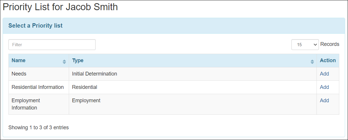 Screenshot showing the new view of  the table in the Select a Priority List section.