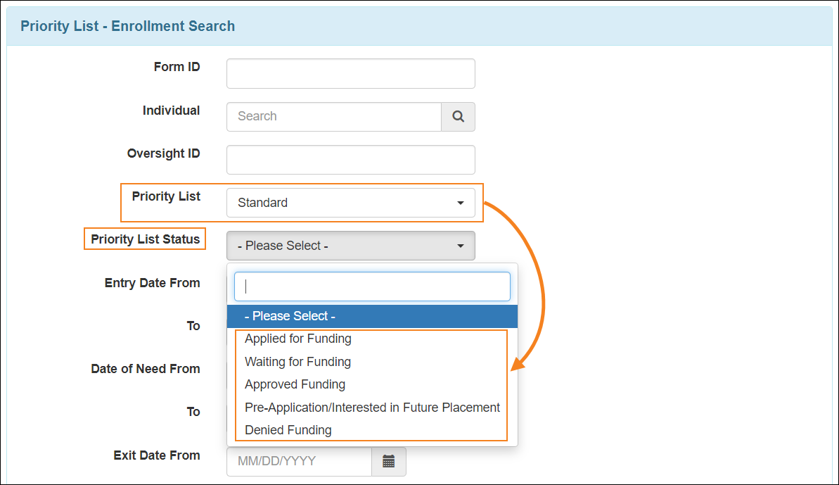 Screenshot showing the Priority List and Priority List Status fields in Priority List - Enrollment Search page.