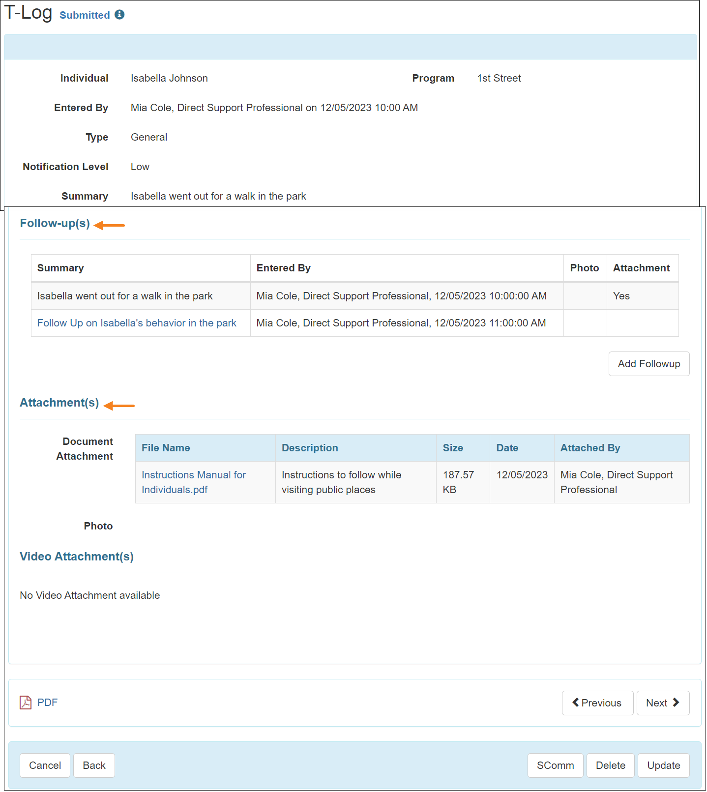 Screenshot of the T-Log form highlighting the Follow-up(s) and Attachment(s) sections