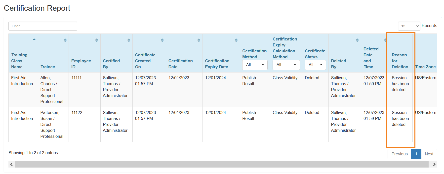 Screenshot showing the Certification Report page