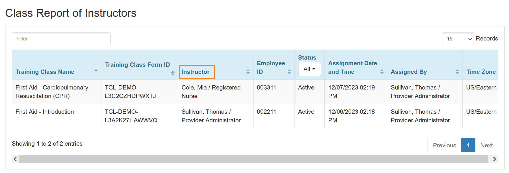 Screenshot showing the Class Report of the Instructors page