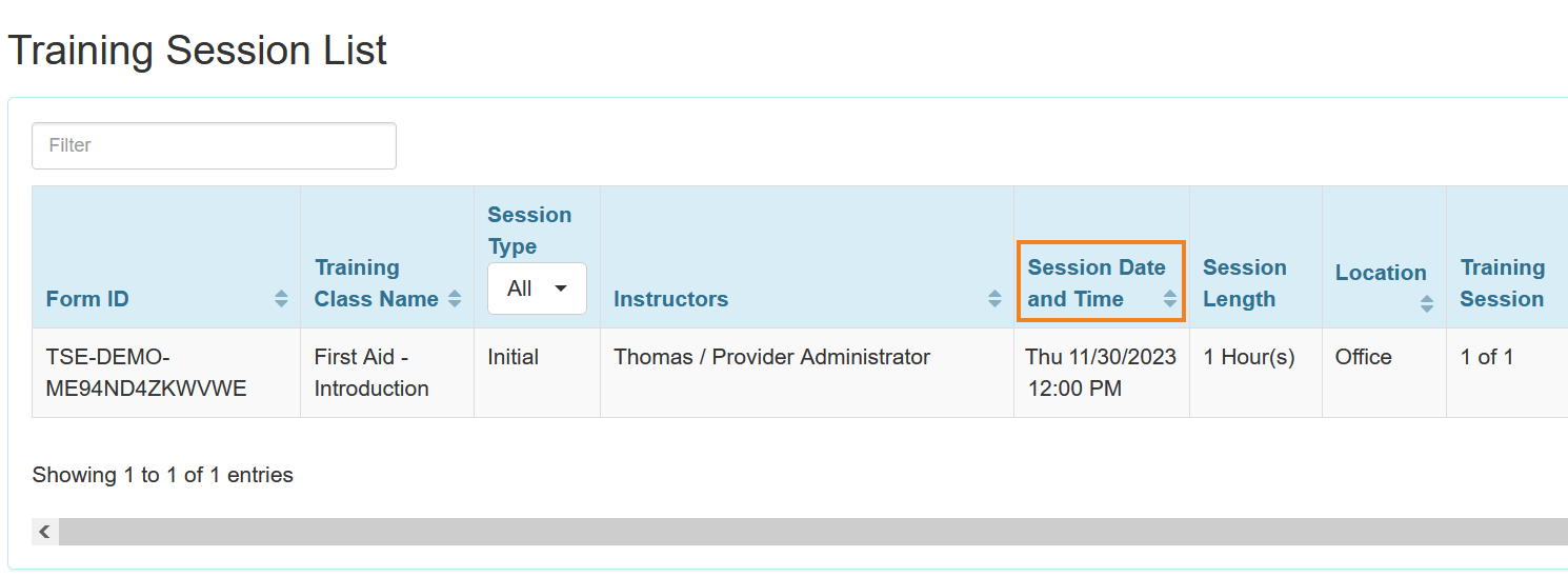 Screenshot showing the Training Session List page