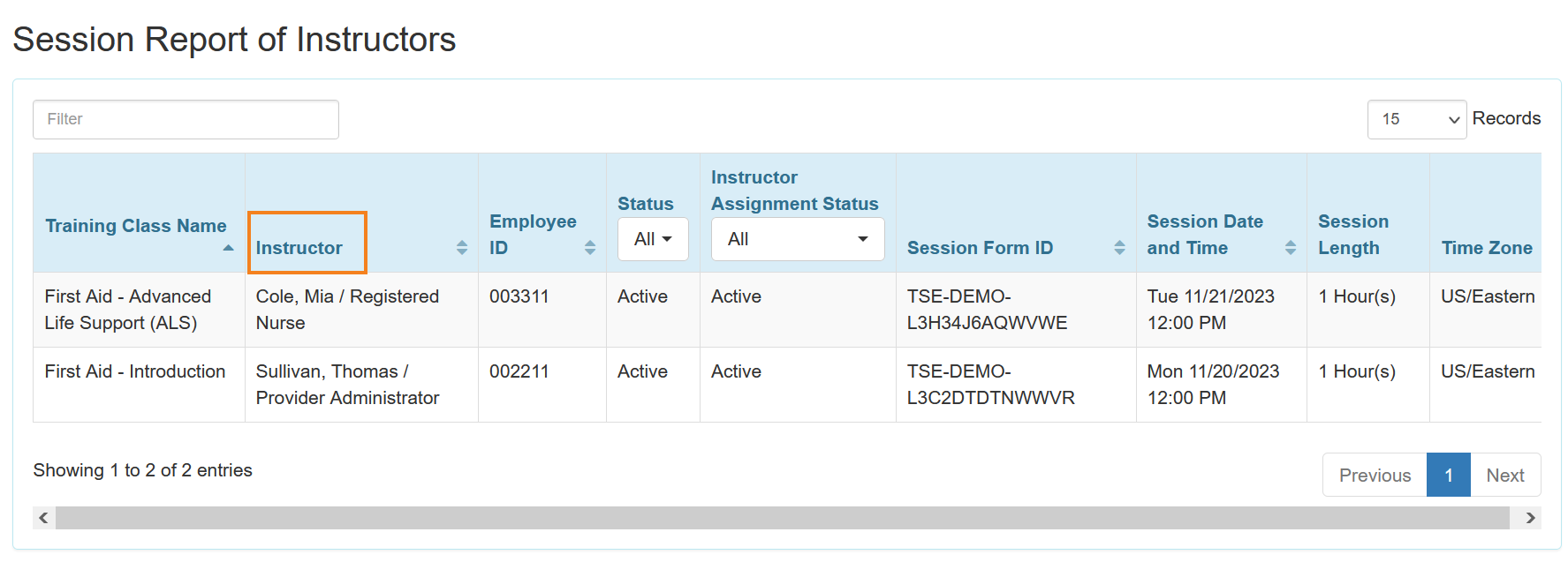 Screenshot showing the Session Report of the Instructors page