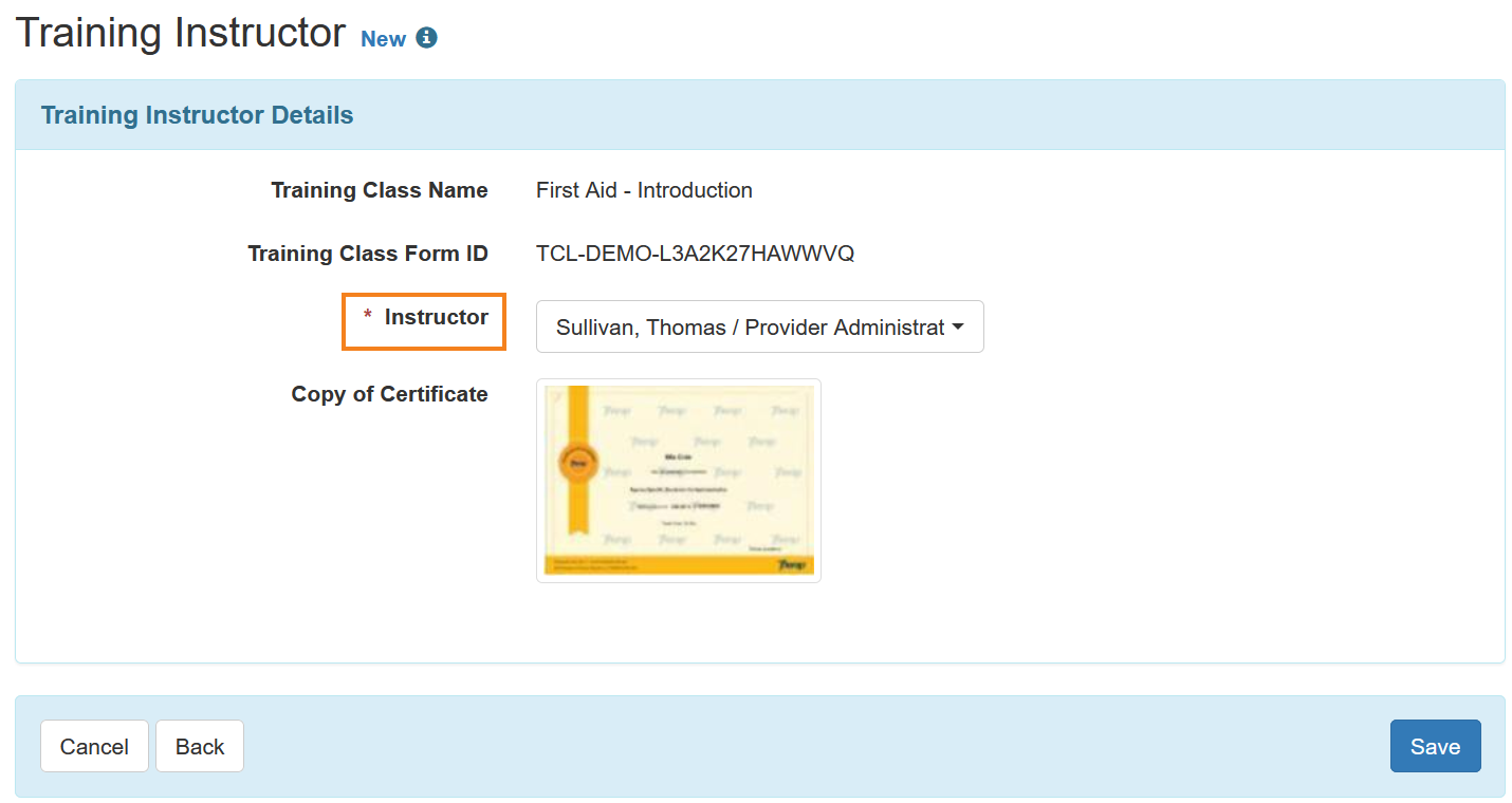 Screenshot showing the Training Instructor page