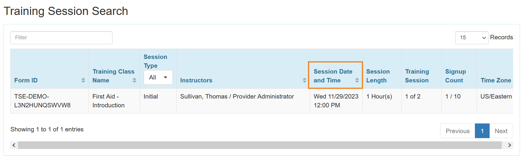 Screenshot showing the Training Session Search page