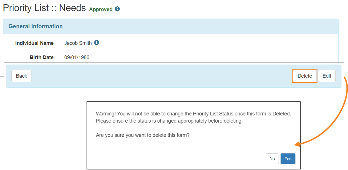 Screenshot showing the updated warning message when deleting a Priority List form.