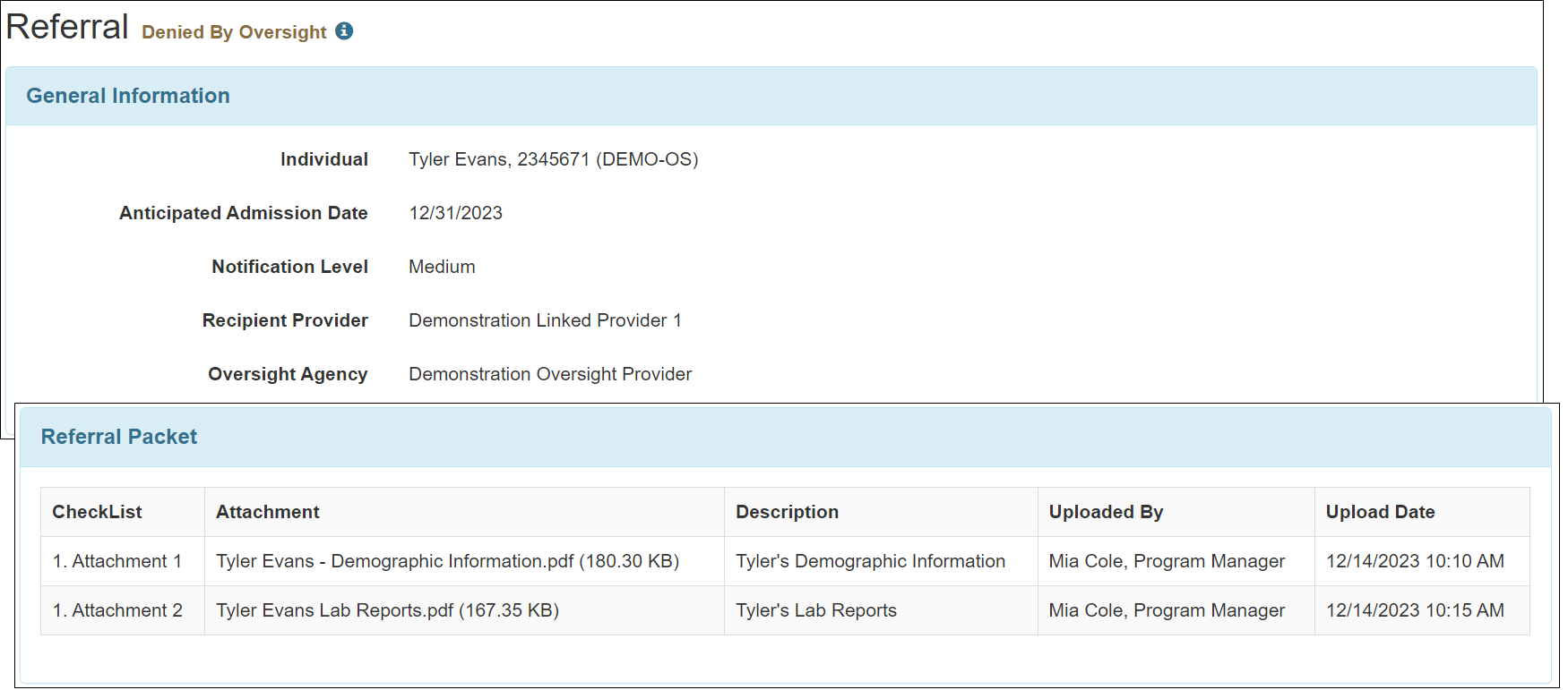 Screenshot of a Referral in Denied By Oversight status