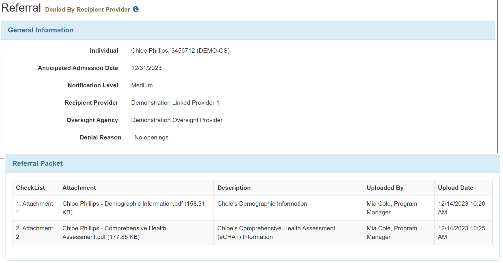 Screenshot of a Referral in Denied By Recipient Provider status