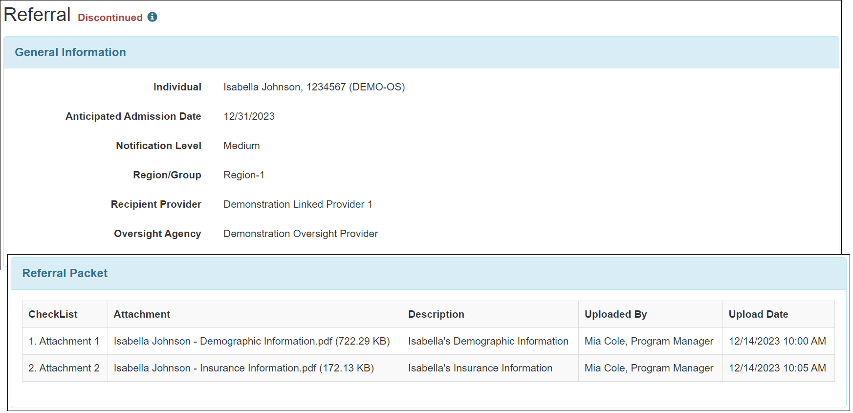 Screenshot of a Referral in Discontinued status