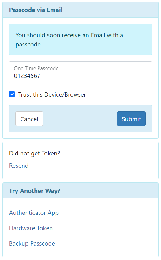 Screenshot showing the 2FA password via email OTP login screen.