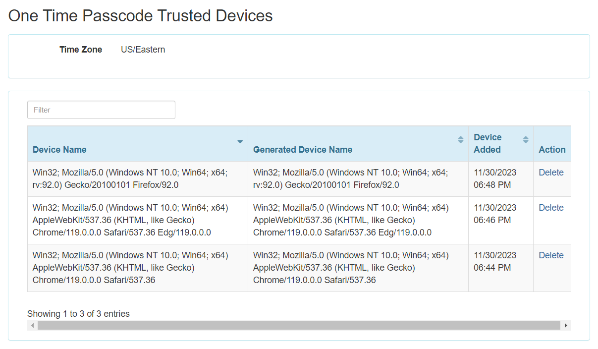 Screenshot showing the one time passcode trusted devices page.