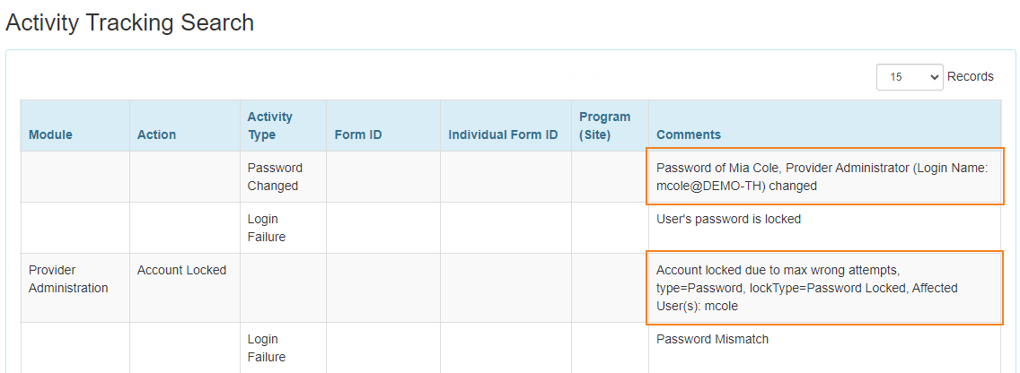 Screenshot showing the Comments for the Account Locked Action and Password Changed Activity Type.