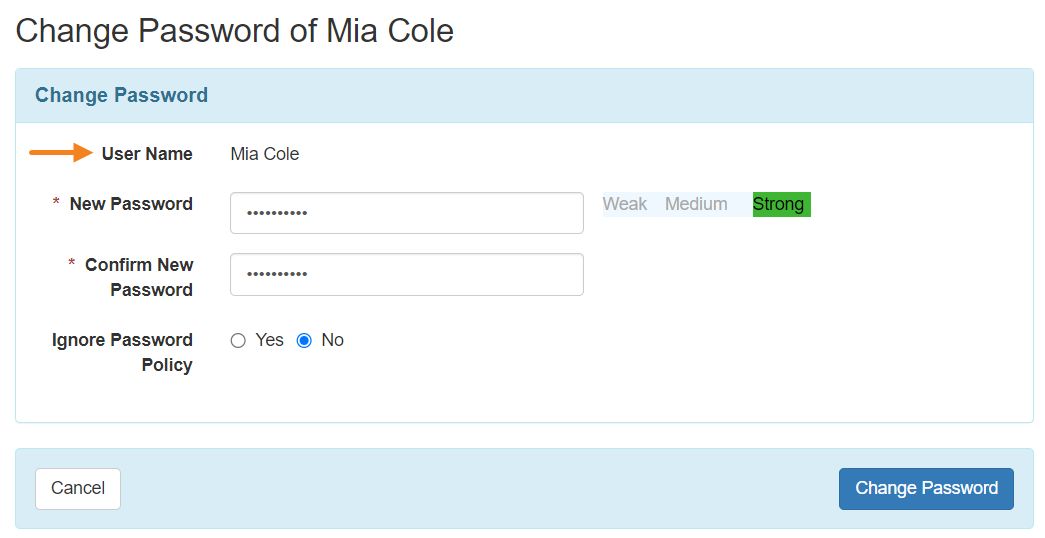 Screenshot showing the change password page.
