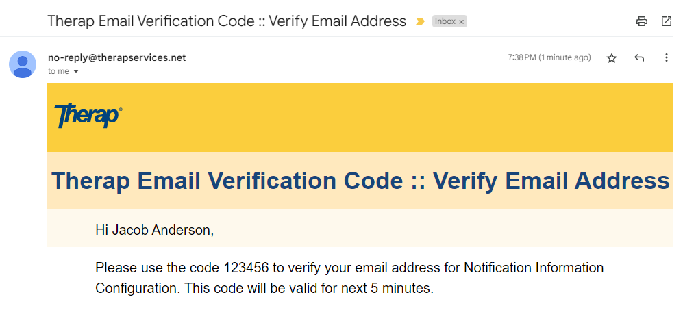 Screenshot showing the therap email verification code email.