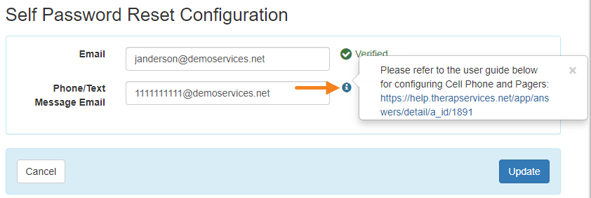 Screenshot showing the self password reset configuration page with the i-icon highlighted.